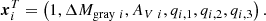 $$ \begin{aligned} \boldsymbol{x}_i^T=\left(1,\Delta M_{\mathrm{gray} \ i},A_{V\ i},q_{i,1},q_{i,2}, q_{i,3} \right). \end{aligned} $$