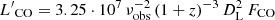 $ {L^{\prime}}_{\mathrm{CO}} = 3.25 \cdot 10^{7}\,\nu_{\mathrm{obs}}^{-2}\,(1+z)^{-3}\,D_{\mathrm{L}}^2\,F_{\mathrm{CO}} $