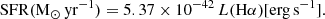 $$ \begin{aligned} \mathrm{SFR}(\mathrm{M_\odot }\,\mathrm{yr}^{-1}) = 5.37\times 10^{-42}\,L(\mathrm{H}\alpha )[\mathrm{erg\,s^{-1}}]. \end{aligned} $$