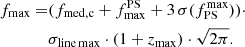 $$ \begin{aligned} f_{\mathrm{max} } =&(f_{\mathrm{med,c} } + f^{\mathrm{PS} }_{\mathrm{max} } + 3\,\sigma (f_{\mathrm{PS} }^{\mathrm{max} })) \cdot \nonumber \\&\sigma _{\rm line\, max } \cdot (1 + z_{\mathrm{max} })\cdot \sqrt{2\pi }. \end{aligned} $$