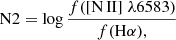 $$ \begin{aligned} \mathrm{N2} = \log \frac{f(\rm [N\,II]\;\lambda 6583) }{f(\rm{H} \alpha ),} \end{aligned} $$