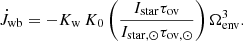 $$ \begin{aligned} \dot{J}_{\rm wb} = - K_{\rm w} \, K_0 \left(\frac{I_{\rm star} \tau _{\rm ov}}{{I_{\rm star, \odot } \tau _{\rm ov, \odot }}} \right) \Omega _{\rm env}^3 . \end{aligned} $$
