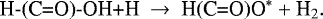 \begin{equation*}\textrm{H-(C=O)-OH&#x002B;H} ~\rightarrow~ \textrm{H(C=O)O}^* &#x002B; \textrm{H}_2. \end{equation*}