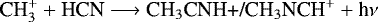 \begin{equation*} \textrm{CH}_3^&#x002B; &#x002B; \textrm{HCN} \longrightarrow {\textrm{CH}}_3\textrm{CNH&#x002B;/CH}_3\textrm{NCH}^&#x002B; &#x002B; \textrm{h}{\nu}\end{equation*}