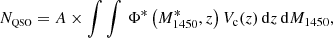 $$ \begin{aligned} N_{{\scriptscriptstyle \mathrm{QSO} }}=A\times \int \int \,\Phi ^{*}\left(M_{1450}^{*},z\right)V_{\rm c}(z)\,\mathrm{d}z\,\mathrm{d}M_{1450}, \end{aligned} $$