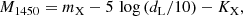 $$ \begin{aligned} M_{\mathrm{1450} }=m_{\mathrm{X}}-5\,\log \left(d_{\mathrm{L}}/10\right)-K_{\mathrm{X}}, \end{aligned} $$
