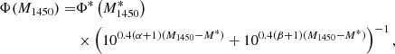$$ \begin{aligned} \Phi (M_{1450})=&\Phi ^{*}\left(M_{1450}^{*}\right)\nonumber \\&\times \left(10^{0.4(\alpha +1)(M_{1450}-M^{*})}+10^{0.4(\beta +1)(M_{1450}-M^{*})}\right)^{-1}, \end{aligned} $$
