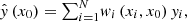 $$ \begin{aligned} \hat{y}\left(x_{0}\right)={\textstyle \sum _{i=1}^{N}}w_{i}\left(x_{i},x_{0}\right)y_{i}, \end{aligned} $$