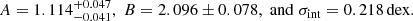 $$ \begin{aligned} A=1.114^{+0.047}_{-0.041}, \; B=2.096\pm 0.078, \; \mathrm{and} \; \sigma _{\mathrm{int} }=0.218\,\mathrm{dex}. \end{aligned} $$