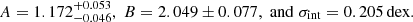 $$ \begin{aligned} A=1.172^{+0.053}_{-0.046}, \; B=2.049\pm 0.077, \; \mathrm{and} \; \sigma _{\mathrm{int} }=0.205\, \mathrm{dex}. \end{aligned} $$