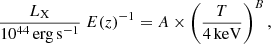 $$ \begin{aligned} \frac{L_{\mathrm{X} }}{10^{44}\,\mathrm{erg\,s^{-1}}}\ E(z)^{-1}=A \times \left(\frac{T}{4\,\mathrm{keV}}\right)^B, \end{aligned} $$