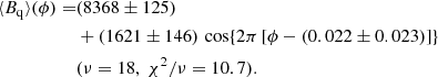 $$ \begin{aligned} \langle {B_{\rm q}}\rangle (\phi )=&(8368\pm 125)\nonumber \\&+(1621\pm 146)\,\cos \{2\pi \,[\phi -(0.022\pm 0.023)]\}\nonumber \\&(\nu =18,\ \chi ^2/\nu =10.7). \end{aligned} $$
