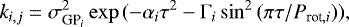 \begin{equation*} k_{i,j}=\sigma^2_{\textrm{GP}_i}\exp{(-\alpha_i\tau^2-\Gamma_i\sin^2{(\pi\tau/P_{\textrm{rot},i}})),} \end{equation*}