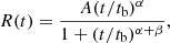$$ \begin{aligned} R(t) = \frac{A(t/t_\mathrm{b} )^{\alpha }}{1+(t/t_\mathrm{b} )^{\alpha +\beta }}, \end{aligned} $$