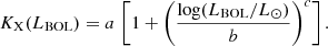 $$ \begin{aligned} K_{\rm X}(L_{\rm BOL}) = a \, \left[1+ \left(\frac{\log (L_{\rm BOL}/L_{\odot })}{b} \right)^c \right] . \end{aligned} $$