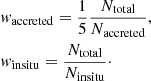$$ \begin{aligned} \begin{aligned}&{ w}_{\rm accreted} = \frac{1}{5} \frac{N_{\rm total}}{N_{\rm accreted}}, \\&{ w}_{\rm in situ} = \frac{N_{\rm total}}{N_{\rm in situ}}\cdot \end{aligned} \end{aligned} $$