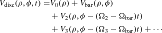 $$ \begin{aligned} V_{\rm disc}(\rho ,\phi ,t) =&V_0(\rho )+V_{\rm bar}(\rho ,\phi )\nonumber \\& +V_2(\rho ,\phi -(\Omega _2-\Omega _{\rm bar})t) \\& +V_3(\rho ,\phi -(\Omega _3-\Omega _{\rm bar})t) +\cdots \nonumber \end{aligned} $$