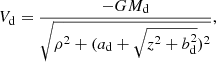 $$ \begin{aligned} V_{\rm d}=\frac{-GM_{\rm d}}{\sqrt{\rho ^2+(a_{\rm d}+\sqrt{z^2+b_{\rm d}^2})^2}}, \end{aligned} $$