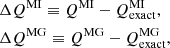 $$ \begin{aligned}&\Delta Q^\mathrm{MI}\equiv Q^\mathrm{MI}-Q_{\rm exact}^\mathrm{MI},\\&\Delta Q^\mathrm{MG}\equiv Q^\mathrm{MG}-Q_{\rm exact}^\mathrm{MG},\nonumber \end{aligned} $$