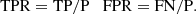 $$ \begin{aligned} \mathrm{TPR} = \mathrm{TP} / \mathrm{P} \quad \mathrm{FPR} = \mathrm{FN} / \mathrm{P}. \end{aligned} $$