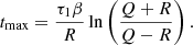 $$ \begin{aligned} t_{\rm max} = \frac{\tau _1 \beta }{R} \ln \left(\frac{Q + R}{Q - R} \right). \end{aligned} $$