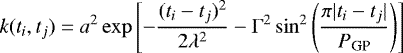 \begin{equation*}k(t_i,t_j) = a^2 \exp{\left[ -\frac{(t_i-t_j)^2}{2\lambda^2} -\Gamma^2 \sin^2{\left(\frac{\pi |t_i-t_j|}{P_{\text{GP}}} \right)} \right]} \end{equation*}