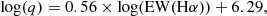 $$ \begin{aligned} \mathrm{log}(q) = 0.56\times \mathrm{log}(\mathrm{EW}(\mathrm{H}\alpha )) +6.29, \end{aligned} $$