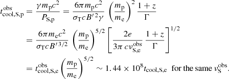 $$ \begin{aligned} t^\mathrm{obs}_{\rm cool, S, p}&= { \gamma m_{\rm p} c^2 \over P_{\rm S, p} } = { 6 \pi m_{\rm p} c^2 \over \sigma _{\rm T}c B^{\prime \, 2} \gamma } \, \left( { m_{\rm p} \over m_{\rm e} } \right)^2 {1+z \over \Gamma } \\&= { 6 \pi m_{\rm e}c^2 \over \sigma _{\rm T}c B^{\prime \, 3/2} } \, \left( { m_{\rm p} \over m_{\rm e} } \right)^{5/2} \left[ {2 e \over 3 \pi \, c\nu ^\mathrm{obs}_{\rm S, e} } \, {1+z \over \Gamma } \right]^{1/2} \nonumber \\&= t^\mathrm{obs}_{\rm cool, S, e} \left( { m_{\rm p} \over m_{\rm e} } \right)^{5/2} \sim 1.44\times 10^8 t_{\rm cool, S, e} \,\,\, \mathrm{for \, the \, same\, \nu ^\mathrm{obs}_{\rm S} }. \nonumber \end{aligned} $$
