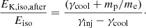 $$ \begin{aligned} {E_{\rm K, iso, after} \over E_{\rm iso} }= {(\gamma _{\rm cool} +m_{\rm p}/m_{\rm e}) \over \gamma _{\rm inj} -\gamma _{\rm cool} }\cdot \end{aligned} $$