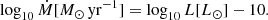 $$ \begin{aligned} \log _{10}\dot{M} [{M}_{\odot }\,\mathrm{yr} ^{-1}] = \log _{10}L [{L}_{\odot }] - 10. \end{aligned} $$