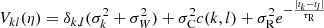 $$ \begin{aligned} V_{kl}(\eta ) = \delta _{k,l} (\sigma _{k}^2 + \sigma _{W}^2) + \sigma _{\rm C}^2 c(k,l) + \sigma _{\rm R}^2 {e}^{-\frac{|t_k-t_l|}{\tau _{\rm R}}} \end{aligned} $$