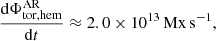 $$ \begin{aligned} \frac{\mathrm{d}\Phi _{\rm tor, hem}^\mathrm{AR}}{\mathrm{d}t} \approx 2.0\times 10^{13}\,\mathrm{Mx\,s}^{-1}, \end{aligned} $$