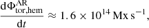 $$ \begin{aligned} \frac{\mathrm{d}\Phi _{\rm tor, hem}^\mathrm{AR}}{\mathrm{d}t} \approx 1.6\times 10^{14}\,\mathrm{Mx\,s}^{-1}, \end{aligned} $$