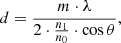 $$ \begin{aligned} d=\frac{m\cdot \lambda }{2\cdot \frac{n_\mathrm{1} }{n_\mathrm{0} }\cdot \cos {\theta }}, \end{aligned} $$