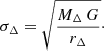 $$ \begin{aligned} \sigma _{\Delta }=\sqrt{\frac{M_{\Delta } \, G }{r_{\Delta }}}\cdot \end{aligned} $$