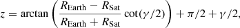 $$ \begin{aligned} z = \arctan \left( \frac{R_{\rm Earth} - R_{\rm Sat}}{R_{\rm Earth} + R_{\rm Sat}} \cot (\gamma /2) \right) + \pi /2 + \gamma /2 , \end{aligned} $$