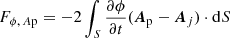 $$ \begin{aligned}&F_{{\phi ,\, A\mathrm{p}}}=-2\int _{{S}} \frac{\partial \phi }{\partial t}({\boldsymbol{A}}_{\rm p}-{\boldsymbol{A}}_{ j })\cdot \mathrm{d} S \end{aligned} $$