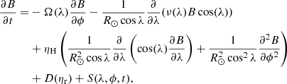 $$ \begin{aligned} \frac{\partial B}{\partial t} =&- \Omega (\lambda )\frac{\partial B}{\partial \phi } - \frac{1}{R_{\odot }\cos \lambda } \frac{\partial }{\partial \lambda }(\nu (\lambda )B \cos (\lambda ))\nonumber \\&+\eta _{\rm H}\left(\frac{1}{R_{\odot }^{2}\cos \lambda } \frac{\partial }{\partial \lambda }\left( \cos (\lambda )\frac{\partial B}{\partial \lambda } \right) + \frac{1}{R_{\odot }^{2}\cos ^{2}\lambda } \frac{\partial ^{2}B}{\partial \phi ^{2}}\right) \nonumber \\&+D(\eta _{\rm r}) + S(\lambda ,\phi ,t), \end{aligned} $$