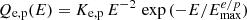 $ Q_{\mathrm{e,p}}(E)=K_{\mathrm{e,p}}\,E^{-2}\,\exp{({-E/E^{e/p}_{\mathrm{max}})}} $