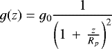 \begin{equation*} g(z)=g_{0}\frac{1}{\left(1\,&#x002B;\,\frac{z}{R_{p}}\right)^2}\end{equation*}