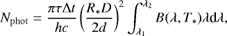 \begin{equation*} N_{\mathrm{phot}} = \frac{\pi \tau \Delta t}{hc} \left( \frac{R_*D}{2d}\right)^2 \int_{\lambda_1}^{\lambda_2} B(\lambda, T_*)\lambda {\textrm{d}} \lambda,\end{equation*}