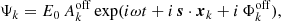 $$ \begin{aligned} \Psi _k = E_0\, A_k^{\mathrm{off} } \exp (i\omega t + i \,{\boldsymbol{s}} \cdot {\boldsymbol{x}}_{k} + i \,\Phi _k^{\mathrm{off} }), \end{aligned} $$
