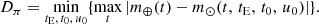 $$ \begin{aligned} D_\pi = \min _{t_{\rm E},\,t_0,\,u_0} \{ \max _{t} |{m_\oplus (t)-m_\odot (t,\,t_{\rm E},\,t_0,\,u_0)}| \}. \end{aligned} $$