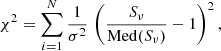 $$ \begin{aligned} \chi ^2 = \sum _{i=1}^{N} \frac{1}{{\sigma }^2} \, \left( \frac{S_\nu }{\mathrm{Med}(S_\nu )} -1 \right)^2, \end{aligned} $$