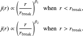 \begin{align*} &j(r) \propto \left(\frac{r}{r_{\mathrm{break}}} \right)^{\beta_{1}}~~\mathrm{when}~~r<r_{\mathrm{break}},\nonumber\\[3pt] &j(r) \propto \left(\frac{r}{r_{\mathrm{break}}} \right)^{\beta_2}~~\mathrm{when}~~r>r_{\mathrm{break}}. \end{align*}