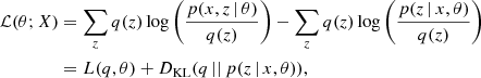 $$ \begin{aligned} \begin{split} \mathcal{L} (\theta ; X)&= \sum _z q(z) \log \left(\frac{p(x, z \,|\,\theta )}{q(z)}\right)- \sum _z q(z) \log \left(\frac{p(z \,|\,x, \theta )}{q(z)}\right) \\&= L(q, \theta ) + D_{\mathrm{KL}}(q \, ||\, p(z \,|\,x, \theta )), \end{split} \end{aligned} $$