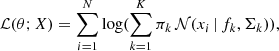 $$ \begin{aligned} \mathcal{L} (\theta ; X) = \sum _{i=1}^N \log (\sum _{k=1}^K \pi _k \, \mathcal{N} (x_i \,|\,f_k,\Sigma _k)), \end{aligned} $$