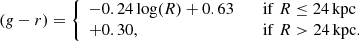 $$ \begin{aligned} (g-r) = {\left\{ \begin{array}{ll} -0.24 \log (R)+0.63&\quad \mathrm{if} \;R \le 24\,\mathrm{kpc} \\ +0.30,&\quad \mathrm{if} \;R > 24\,\mathrm{kpc} . \end{array}\right.} \end{aligned} $$