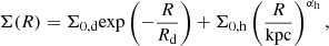 $$ \begin{aligned} \Sigma (R) = \Sigma _{\rm 0,d} \mathrm{exp}\left(-\frac{R}{R_{\rm d}}\right) + \Sigma _{\rm 0,h} \left(\frac{R}{\mathrm{kpc}}\right)^{\alpha _{\rm h}}, \end{aligned} $$