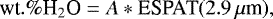 \begin{equation*} \textrm{wt}.\%{\textrm{H}_2\textrm{O}} = A*\textrm{ESPAT}(2.9\,\mu {\textrm{m}}) ,\end{equation*}